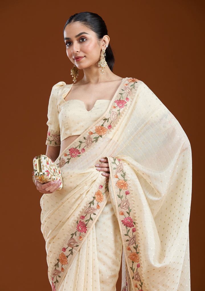 Cream Threadwork Tissue Saree