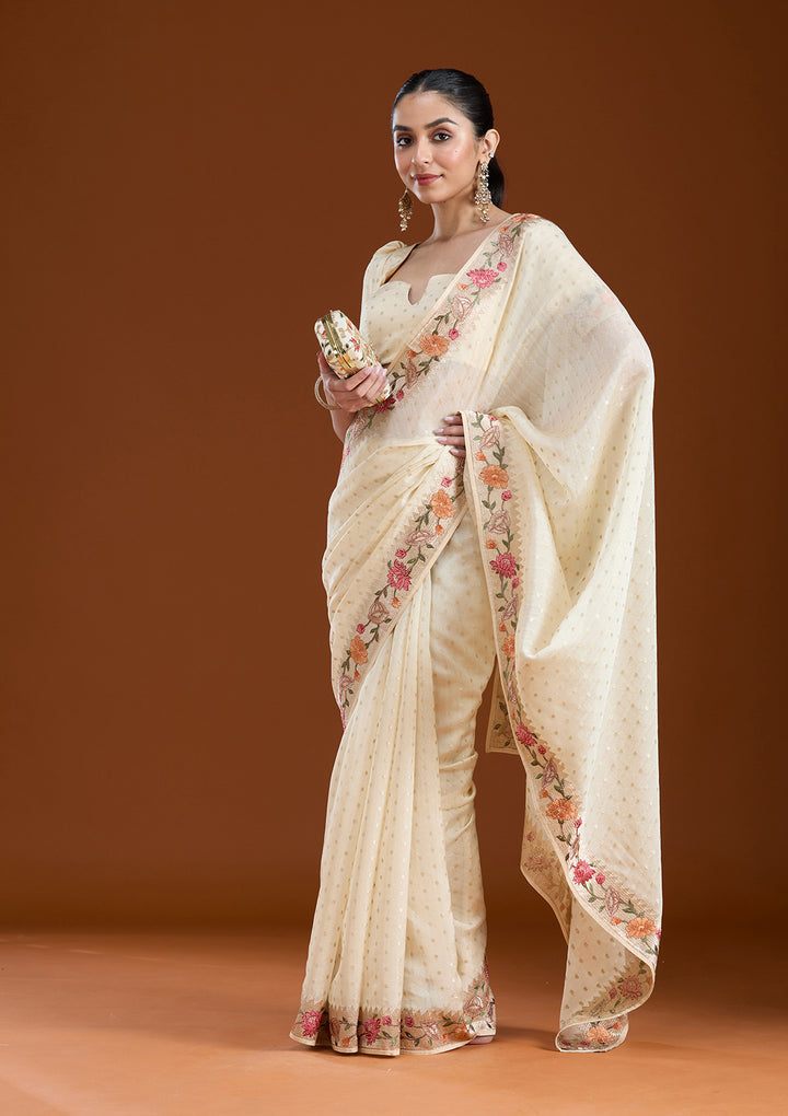 Cream Threadwork Tissue Saree