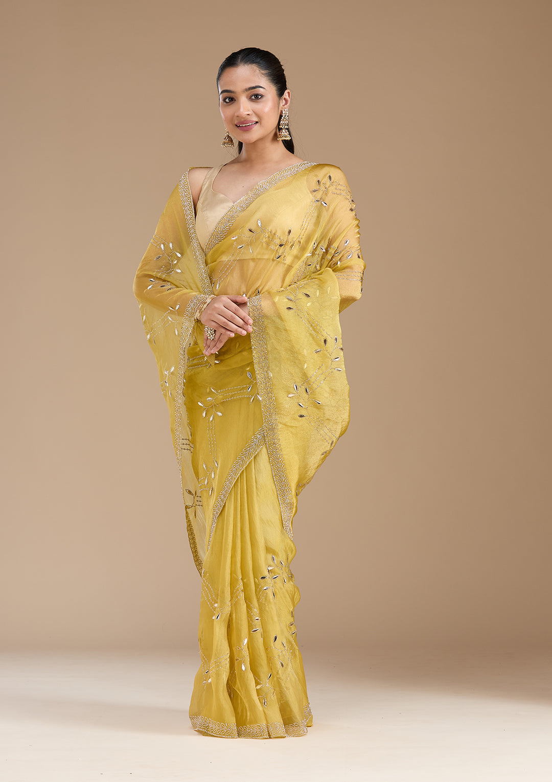 Lemon Yellow Stonework (Gold) Tissue Saree