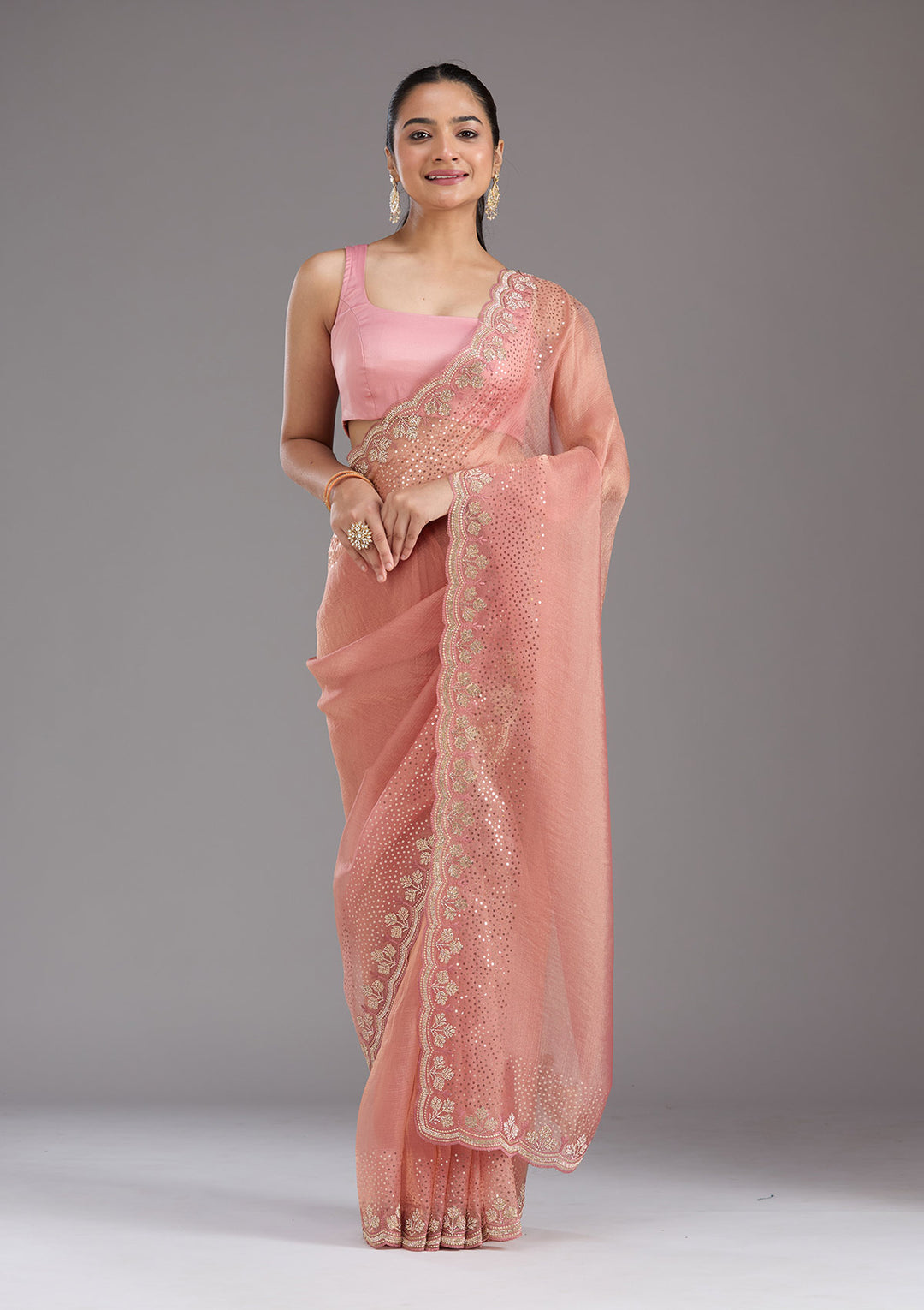 Peach Stonework Tissue Saree