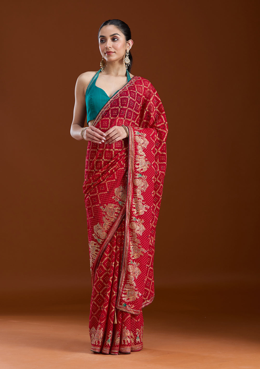 Red Stonework (Gold) Georgette Saree