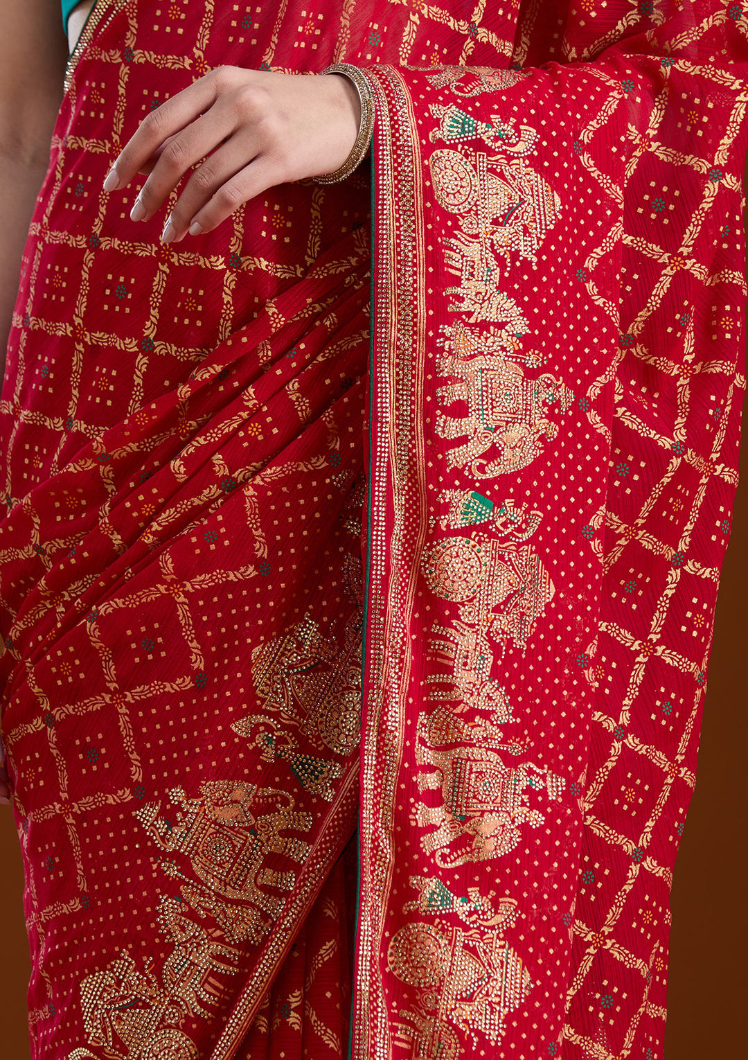 Red Stonework (Gold) Georgette Saree