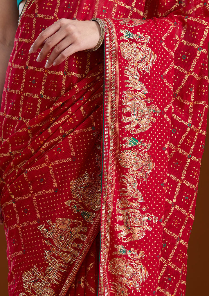 Red Stonework (Gold) Georgette Saree