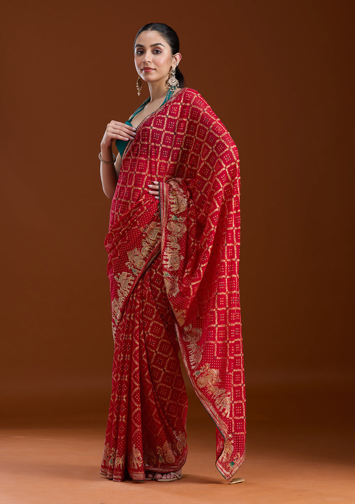 Red Stonework (Gold) Georgette Saree