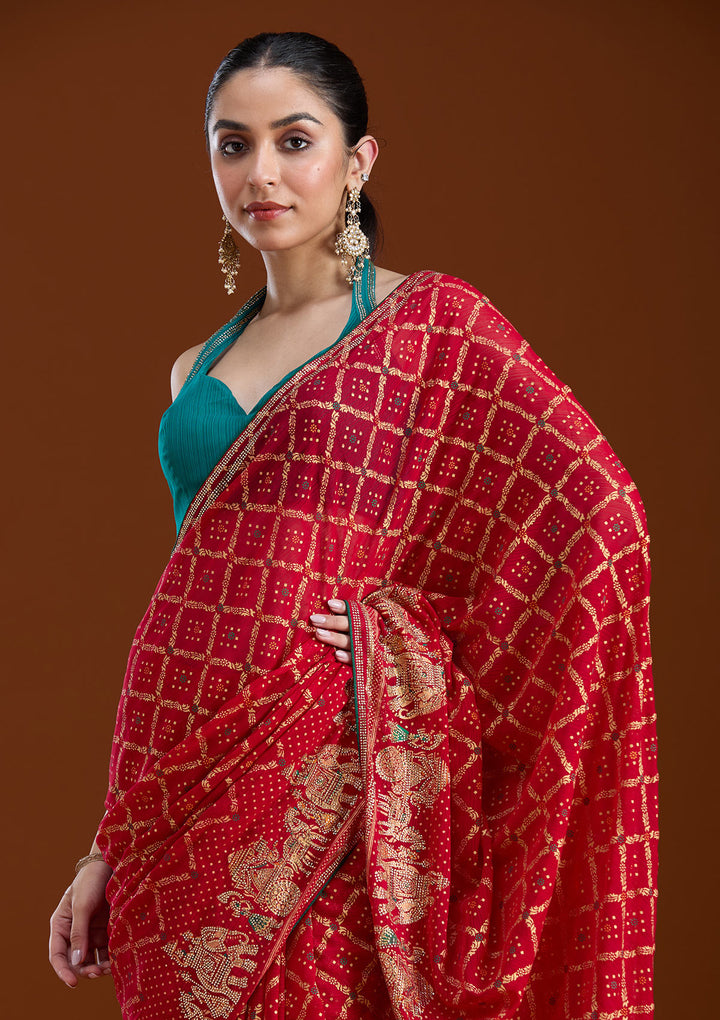 Red Stonework (Gold) Georgette Saree