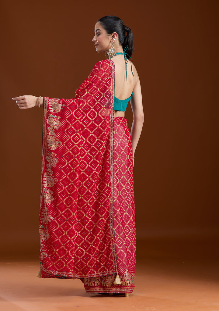 Red Stonework (Gold) Georgette Saree