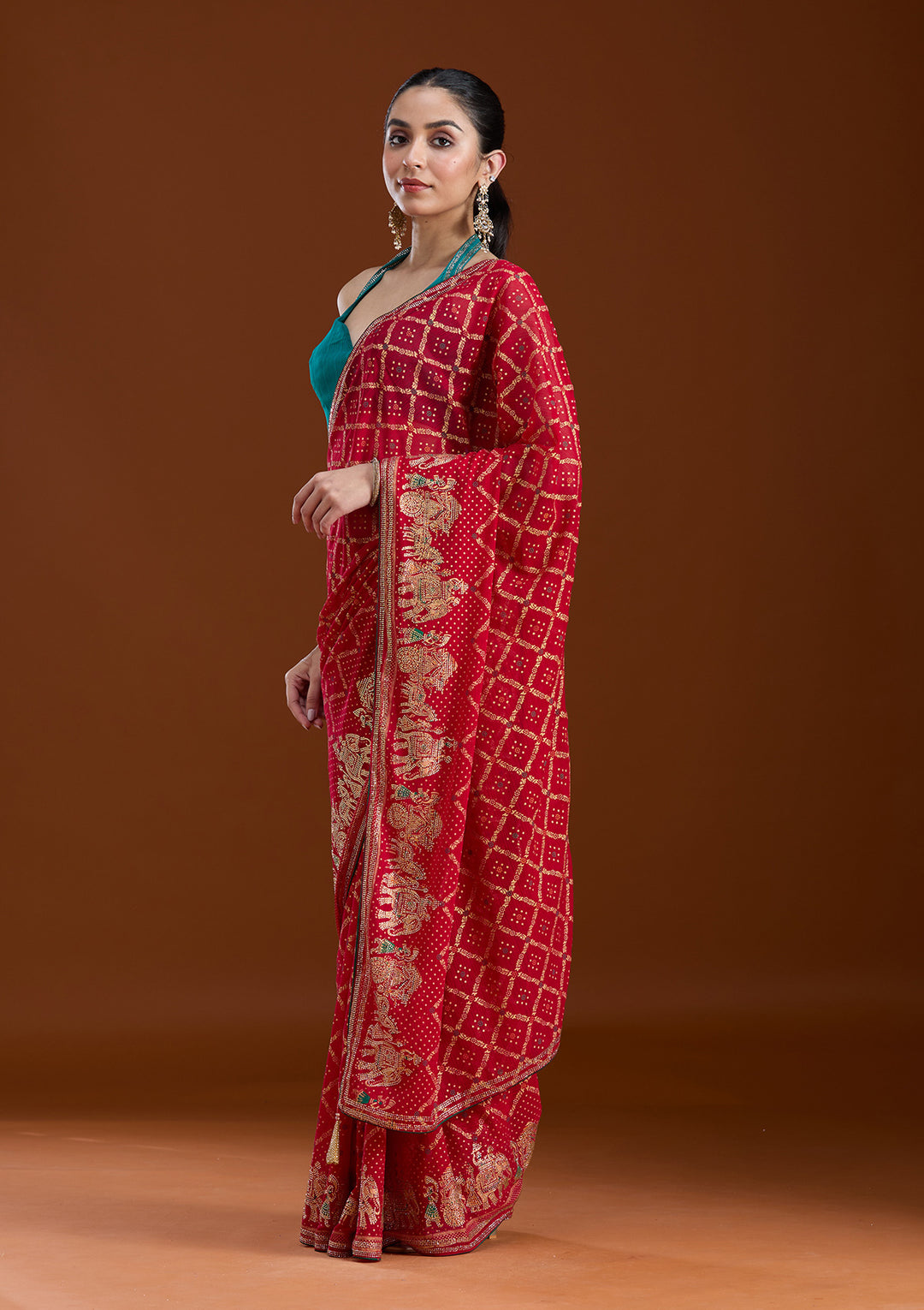 Red Stonework (Gold) Georgette Saree