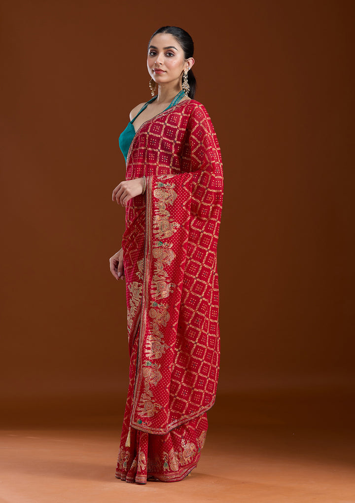 Red Stonework (Gold) Georgette Saree