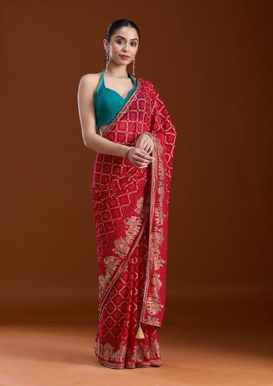 Red Stonework (Gold) Georgette Saree
