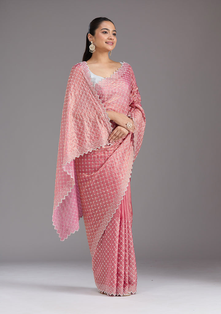 Onion Pink Stonework (Silver) Tissue Saree
