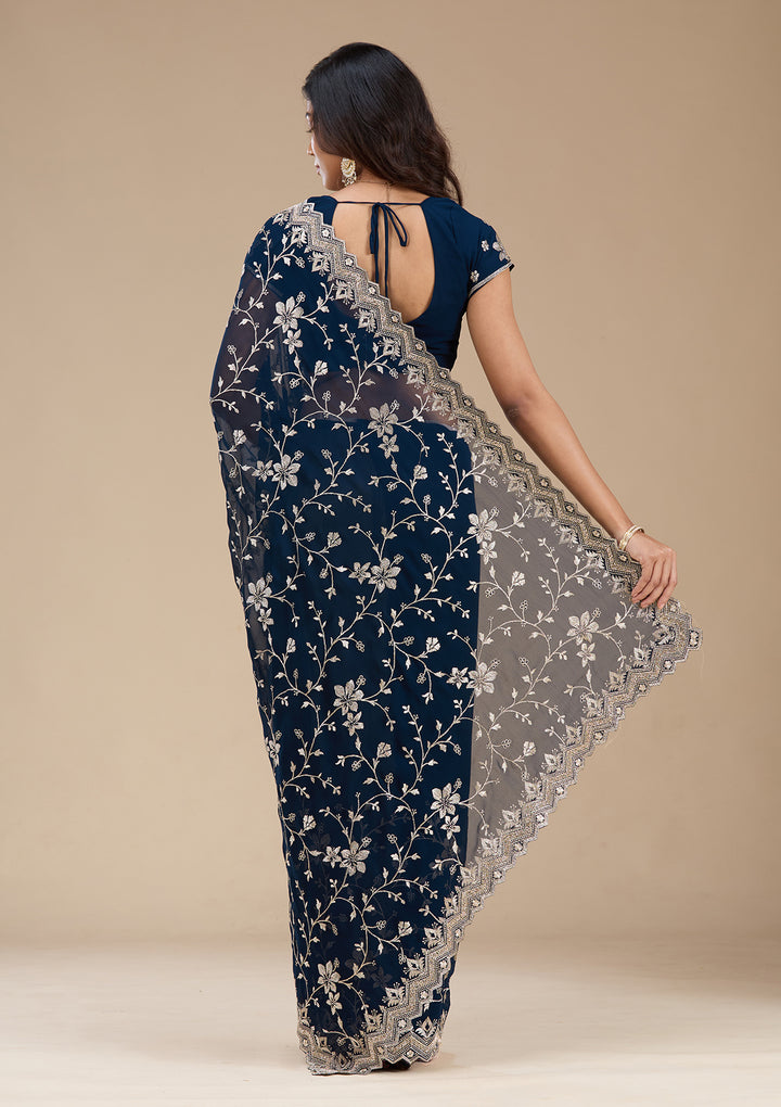 Navy Blue Zariwork (Gold) Georgette Saree