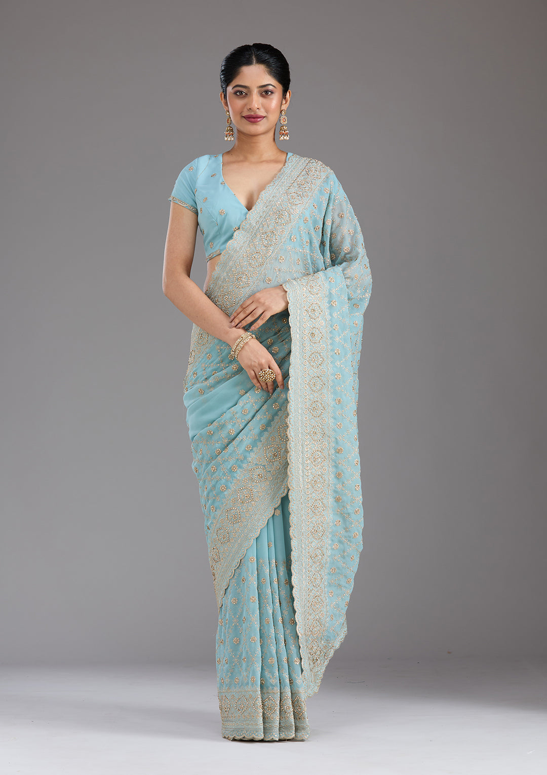 Sky Blue Zariwork (Gold) Georgette Saree