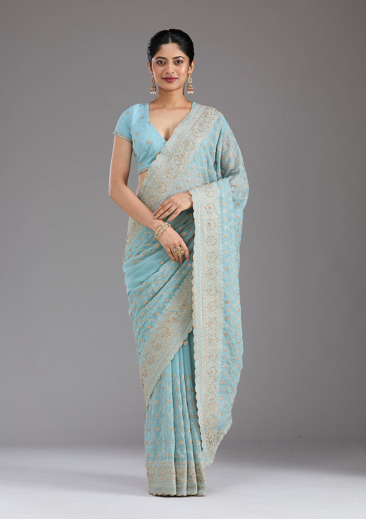 Sky Blue Zariwork (Gold) Georgette Saree