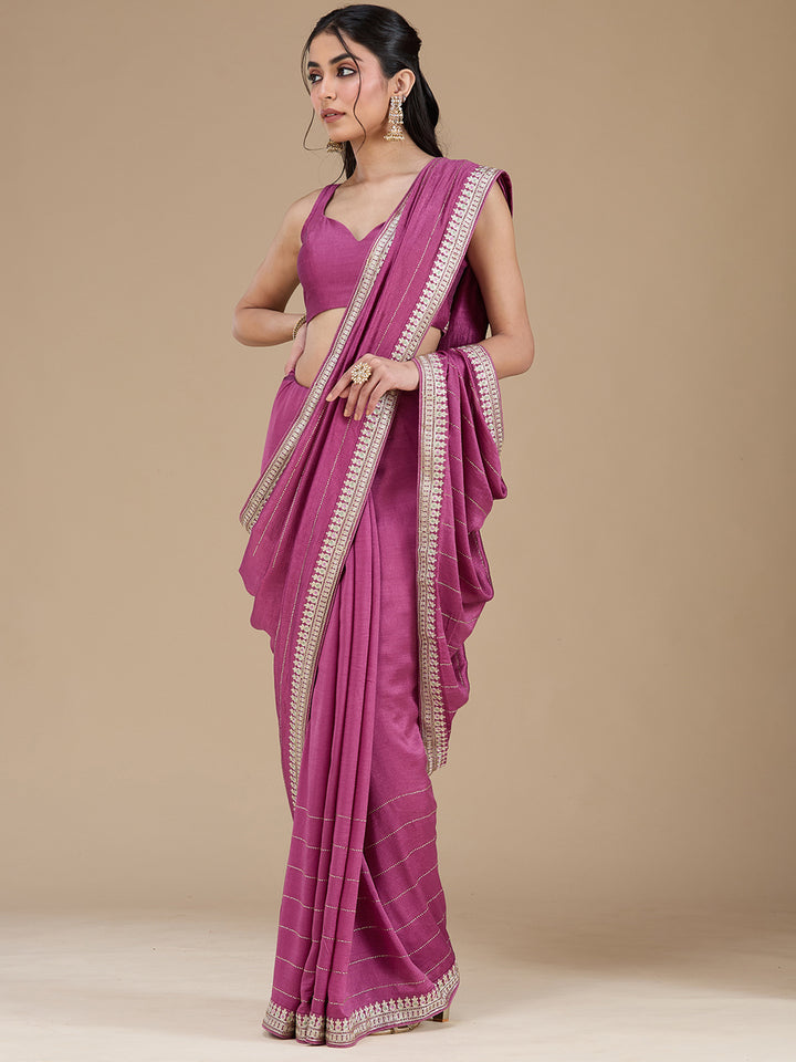 Dark Lavender Zariwork (Silver) Soft Raw Silk Saree