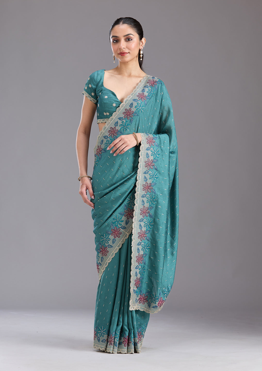 Sea Green Threadwork Soft Raw Silk Saree
