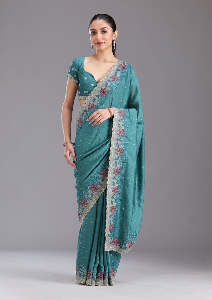 Sea Green Threadwork Soft Raw Silk Saree
