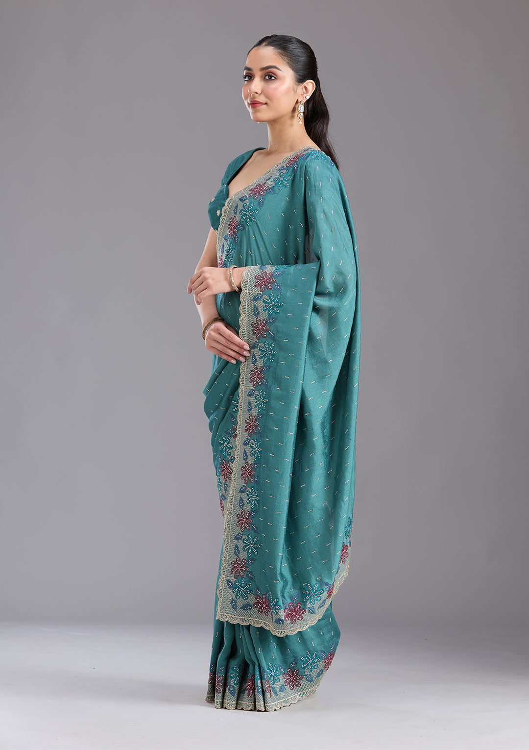 Sea Green Threadwork Soft Raw Silk Saree