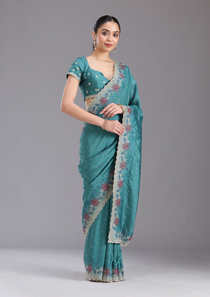 Sea Green Threadwork Soft Raw Silk Saree