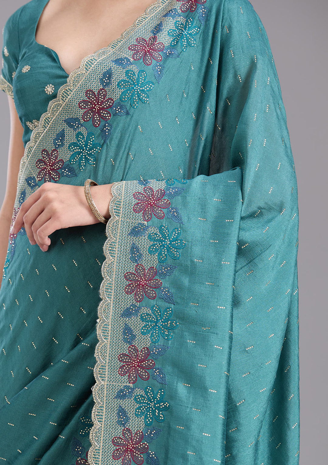 Sea Green Threadwork Soft Raw Silk Saree