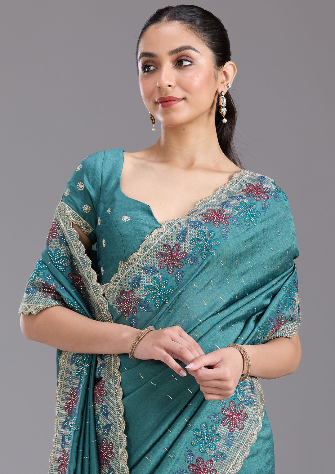 Sea Green Threadwork Soft Raw Silk Saree