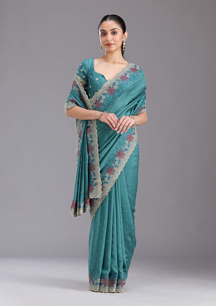 Sea Green Threadwork Soft Raw Silk Saree