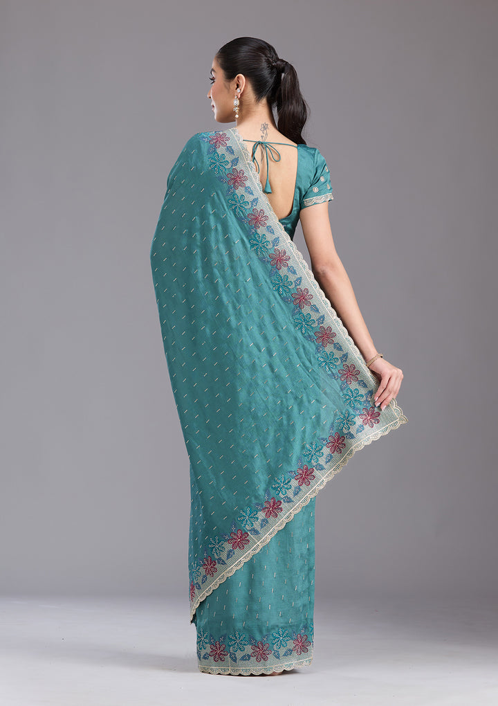 Sea Green Threadwork Soft Raw Silk Saree