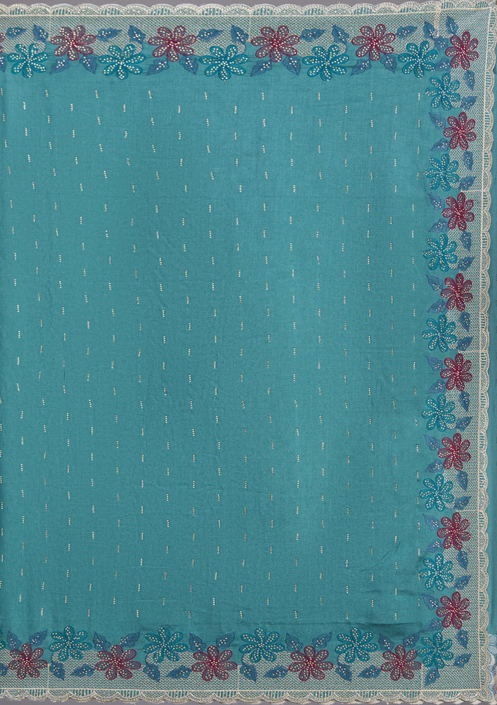 Sea Green Threadwork Soft Raw Silk Saree