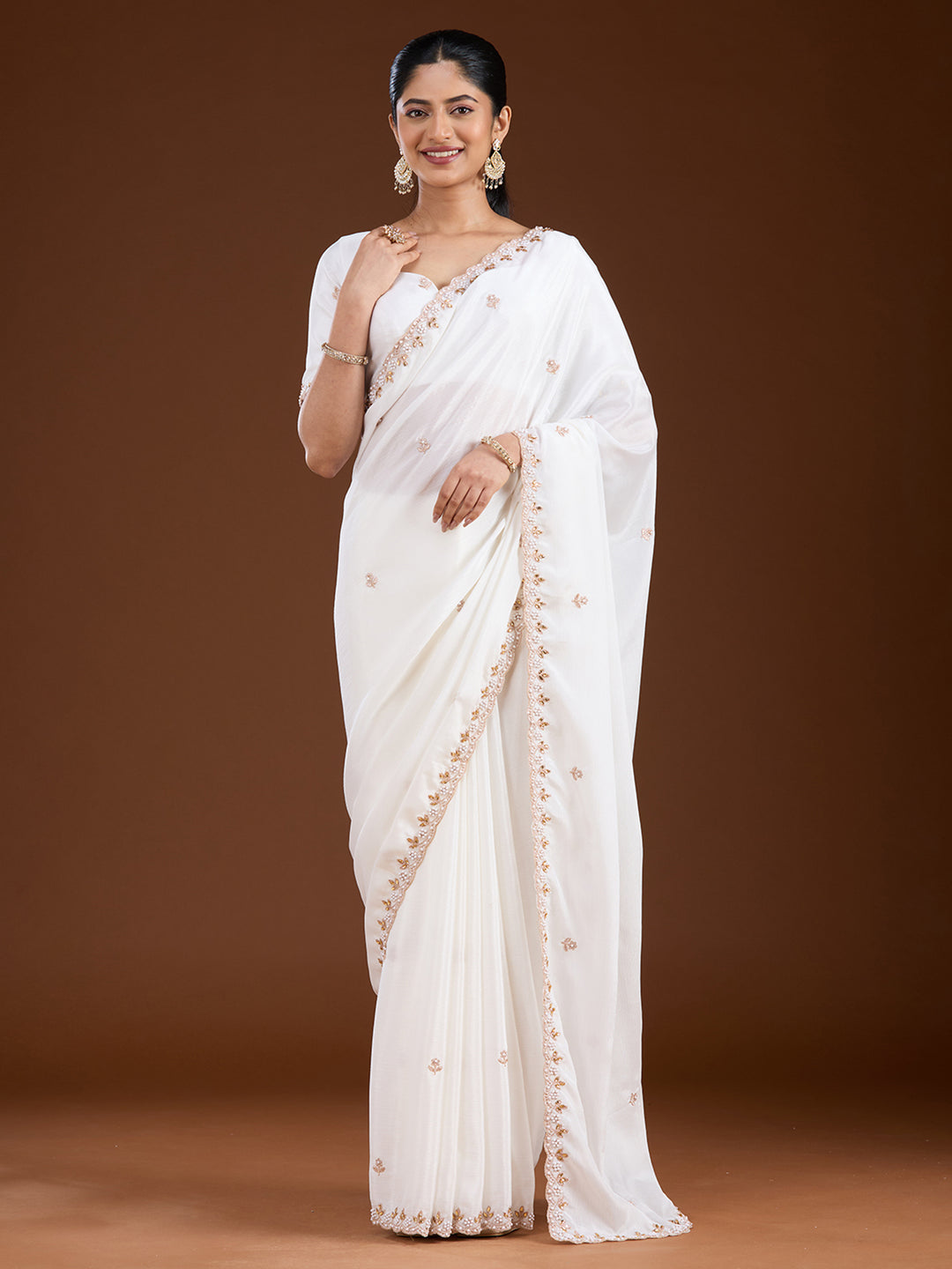 Cream Zariwork (Gold) Chinon Saree