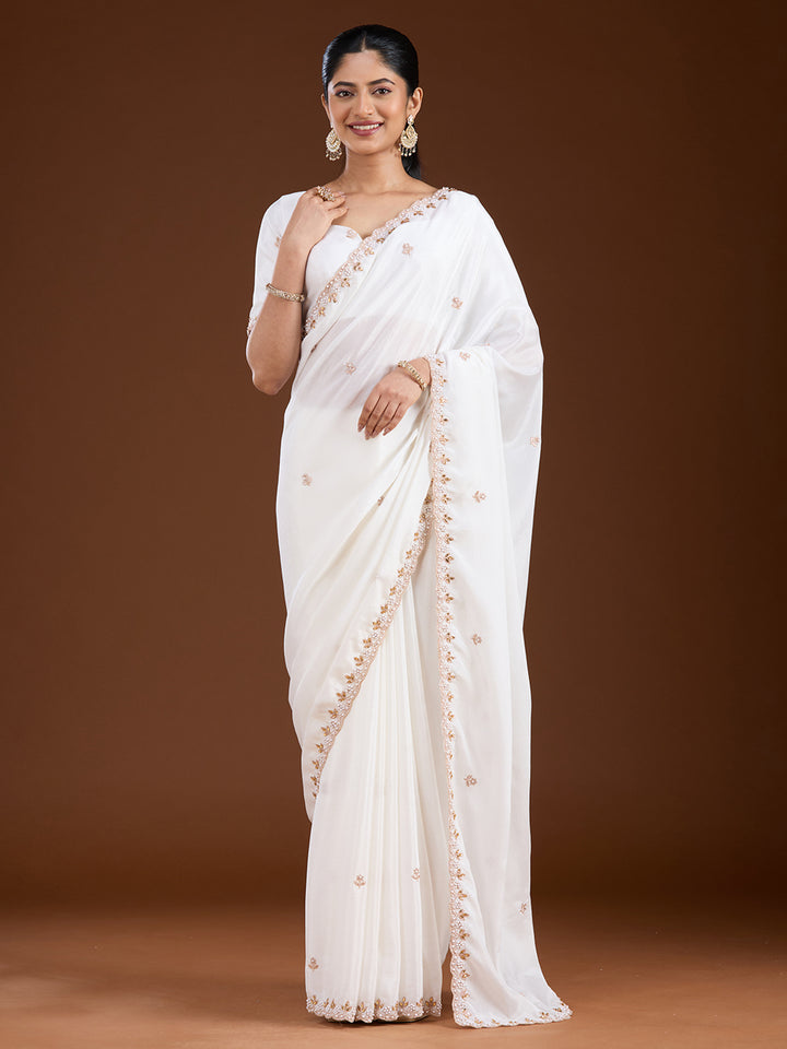 Cream Zariwork (Gold) Chinon Saree