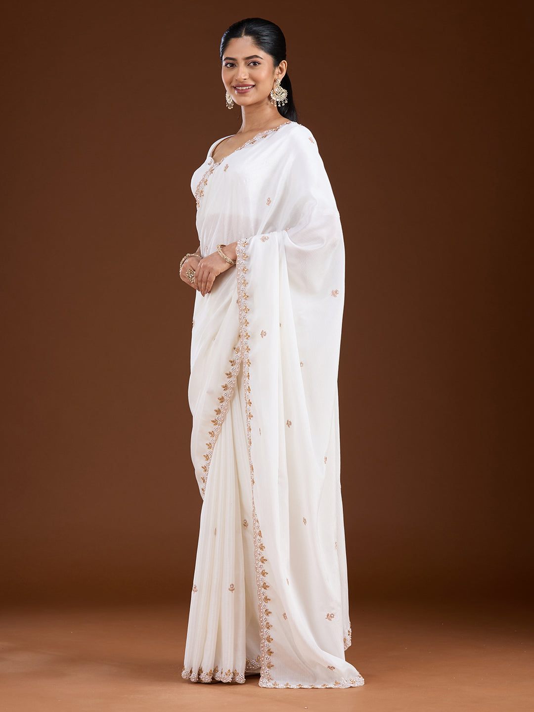 Cream Zariwork (Gold) Chinon Saree
