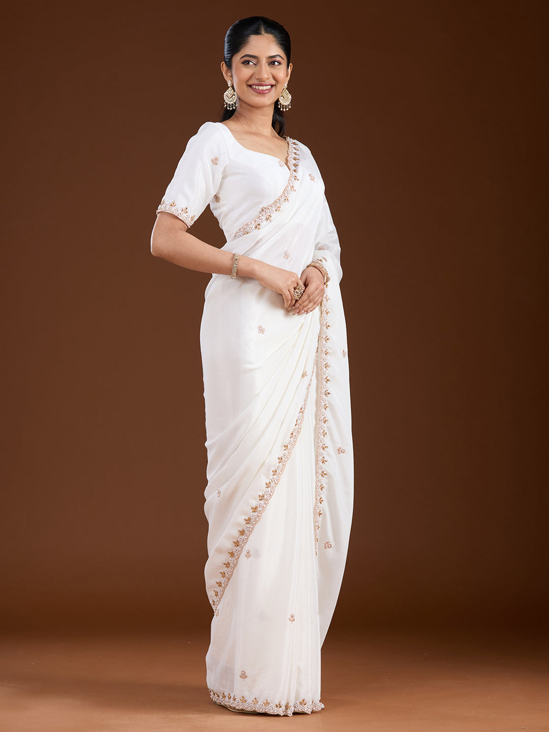 Cream Zariwork (Gold) Chinon Saree