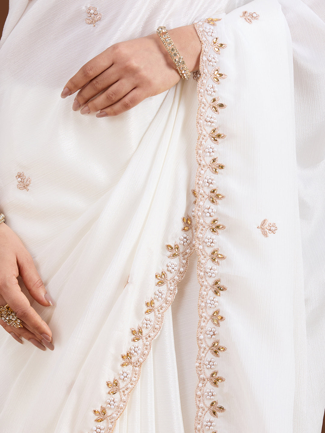 Cream Zariwork (Gold) Chinon Saree