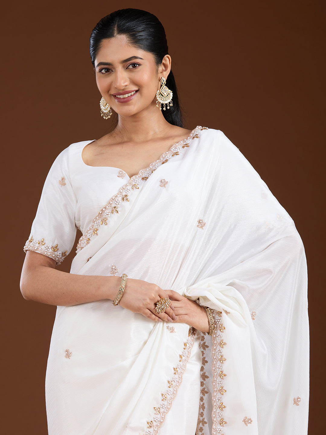 Cream Zariwork (Gold) Chinon Saree