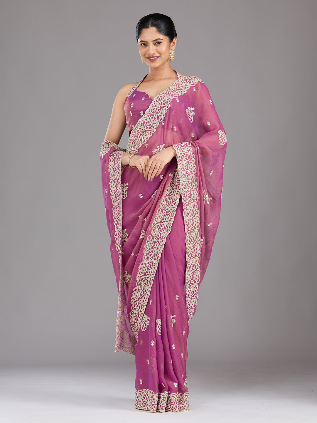 Wine Zariwork (Silver) Tissue Saree