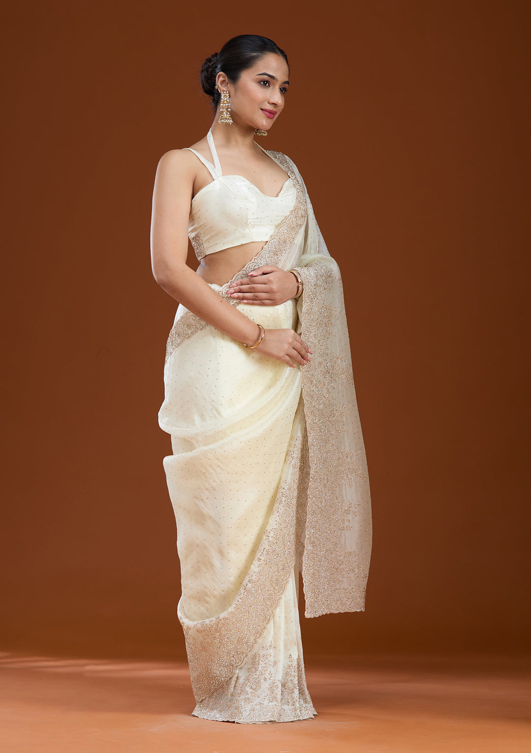 Cream Cording Tissue Saree