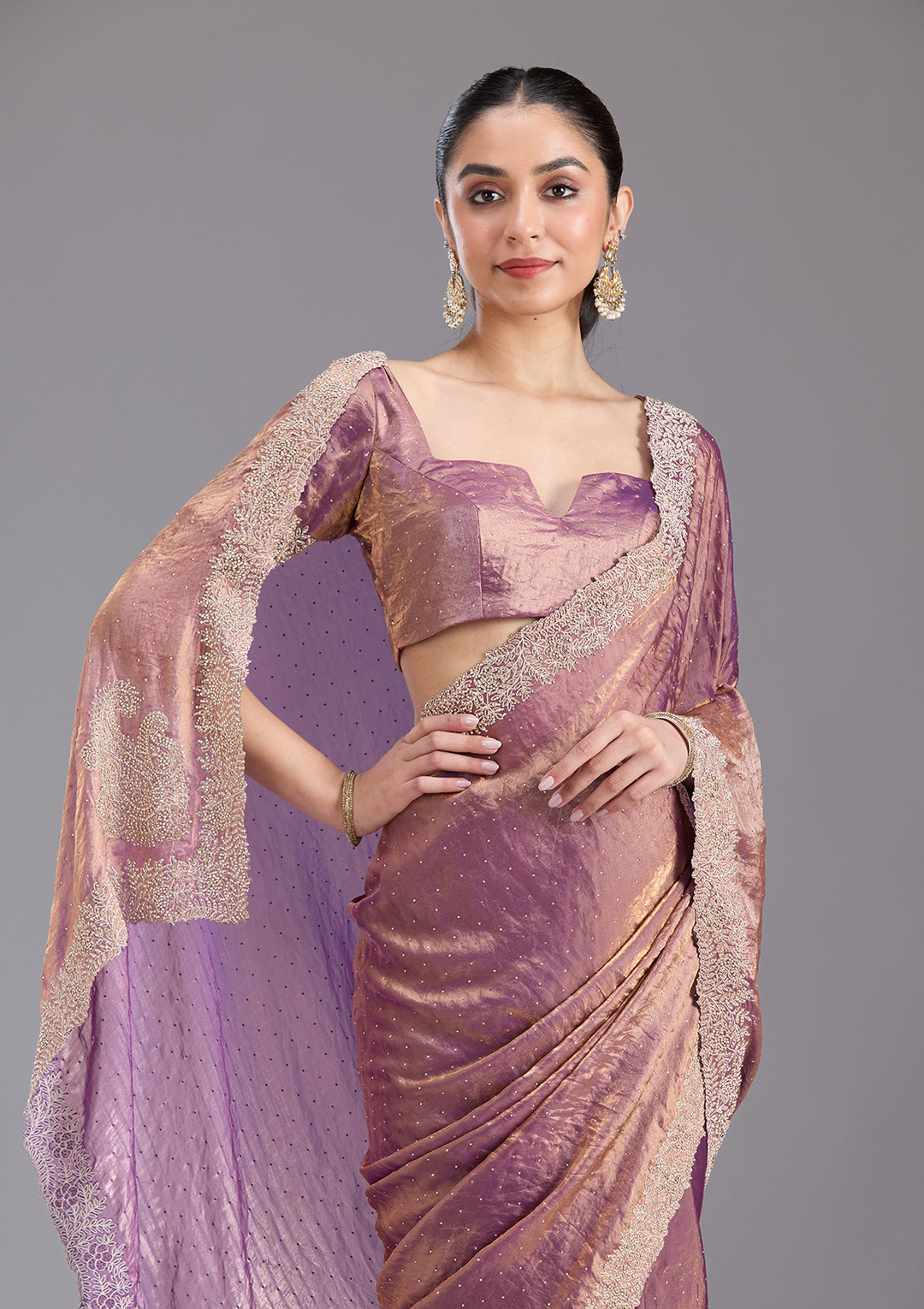 Dark Lavender Stonework (Gold) Tissue Saree