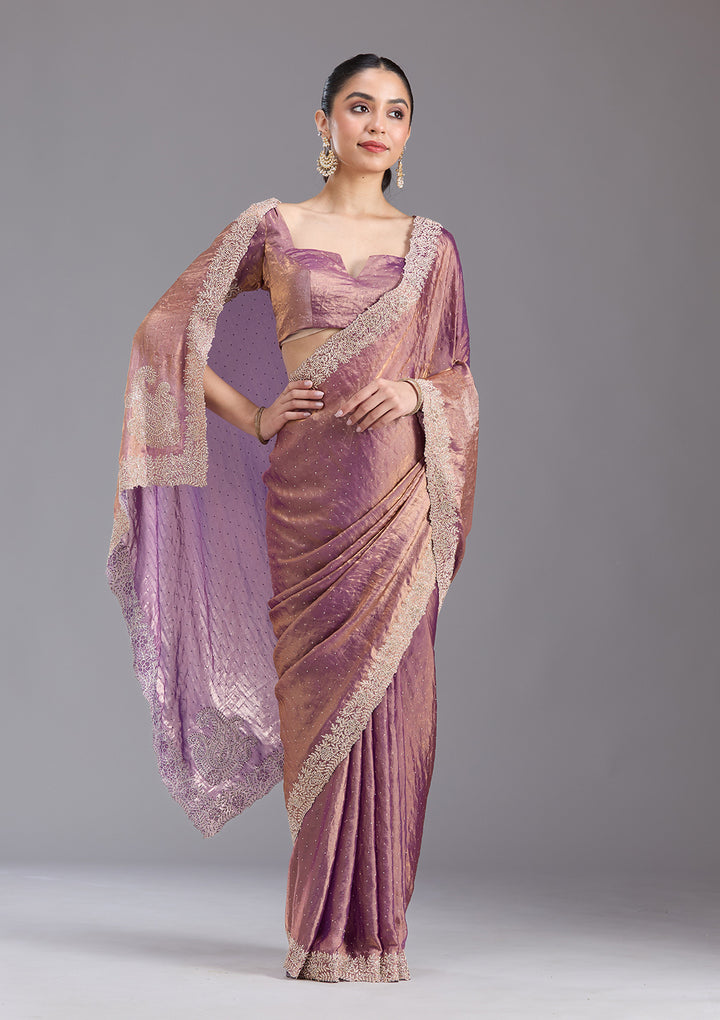 Dark Lavender Stonework (Gold) Tissue Saree