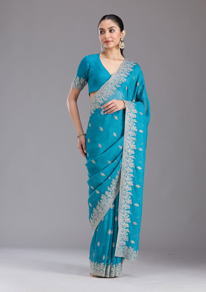Blue Threadwork Tissue Saree