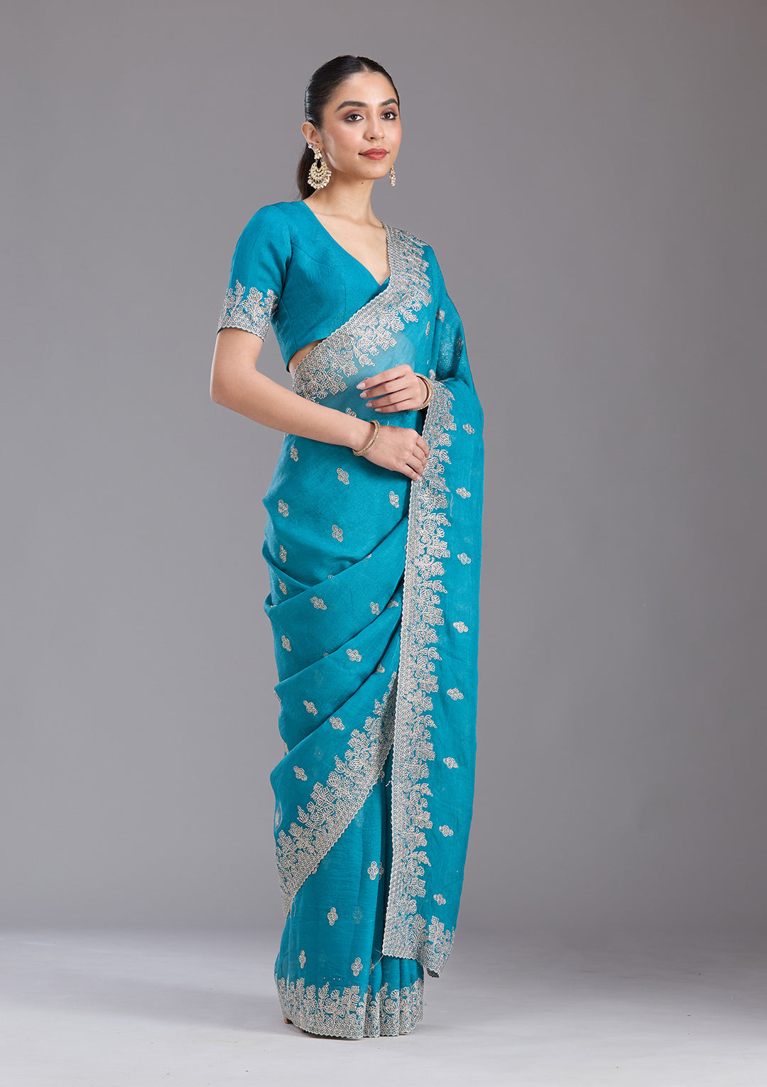 Blue Threadwork Tissue Saree