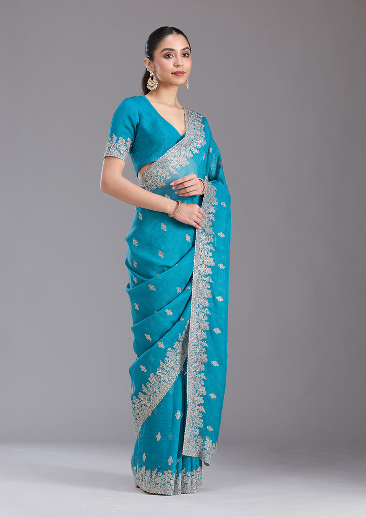 Blue Threadwork Tissue Saree