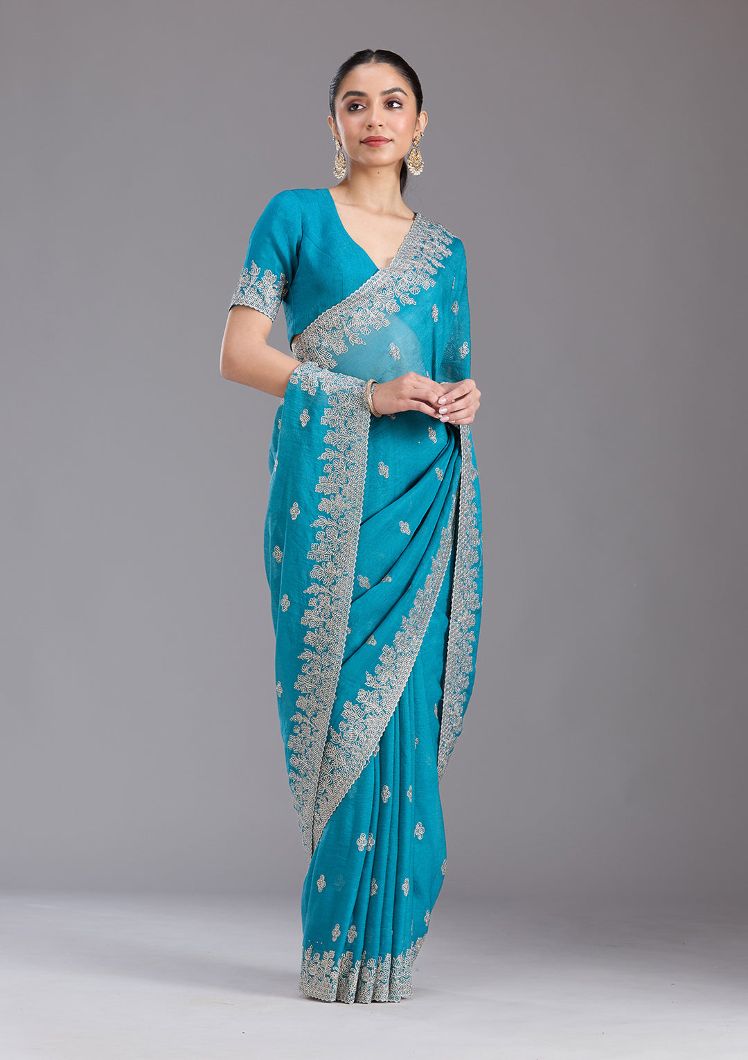 Blue Threadwork Tissue Saree