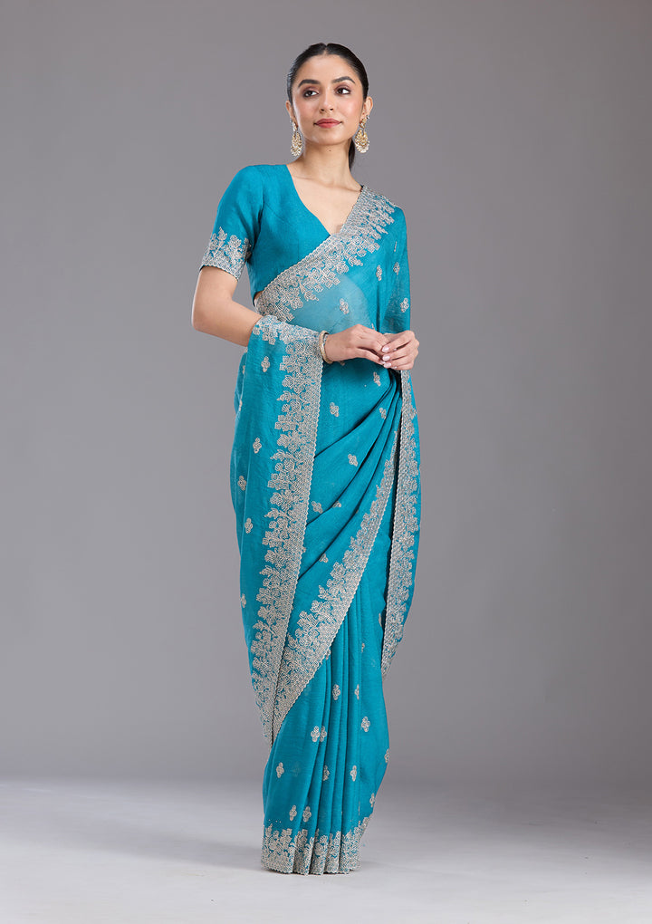 Blue Threadwork Tissue Saree