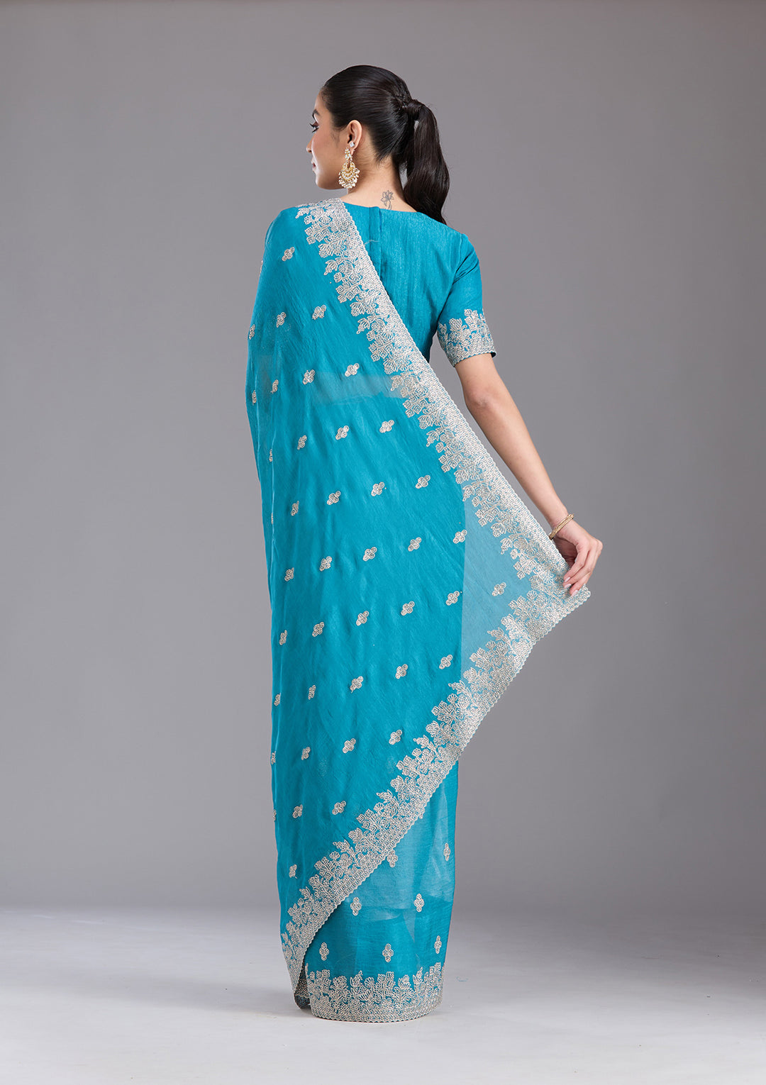 Blue Threadwork Tissue Saree