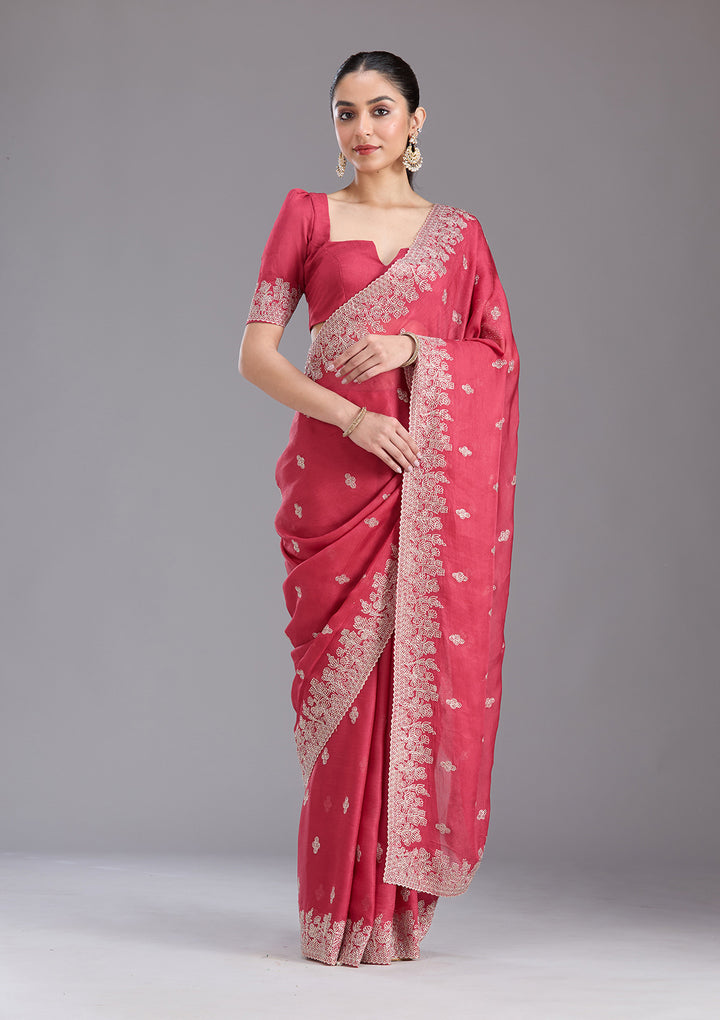 Pink Threadwork Tissue Saree