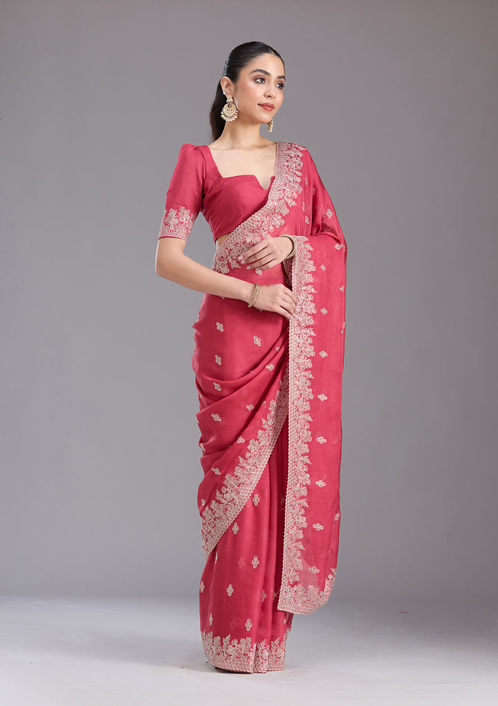 Pink Threadwork Tissue Saree