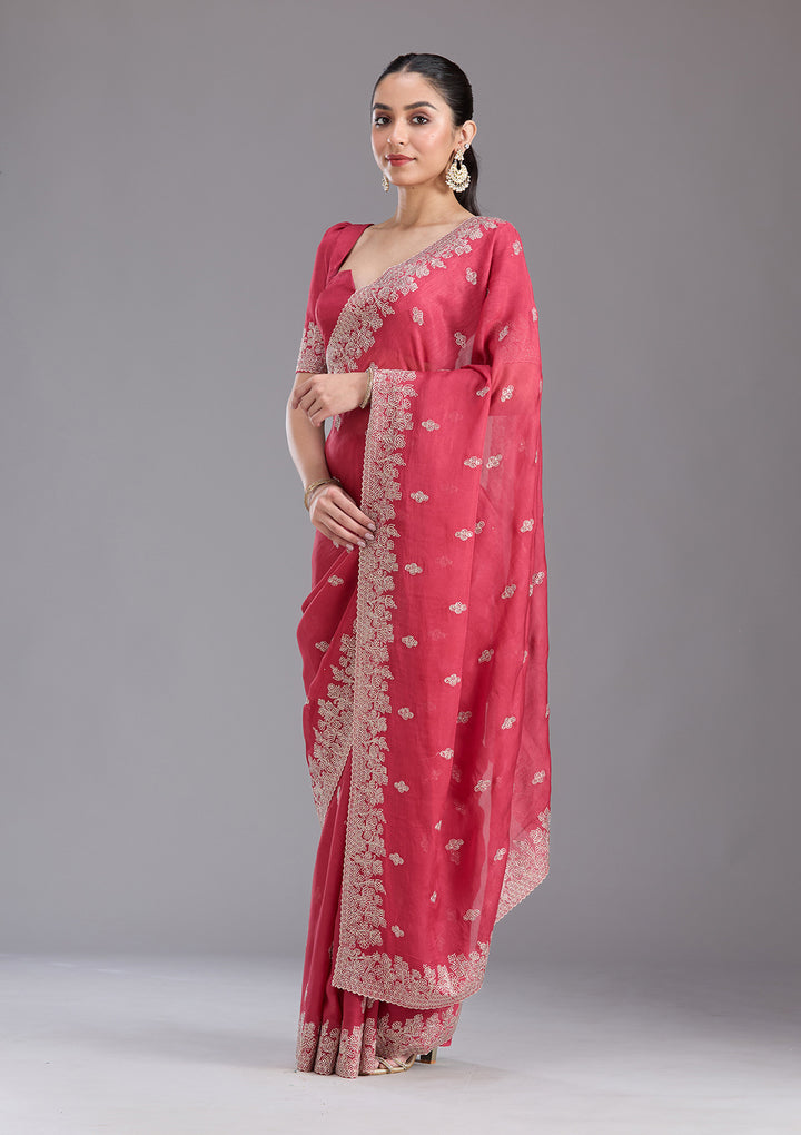 Pink Threadwork Tissue Saree