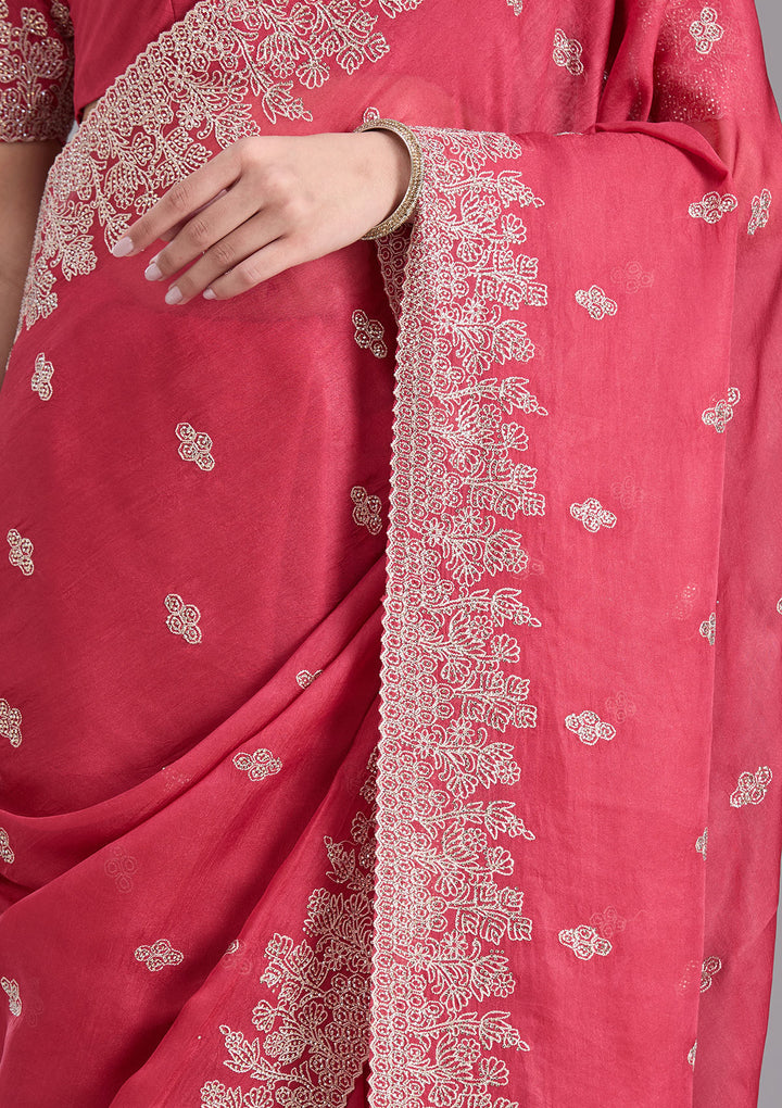 Pink Threadwork Tissue Saree