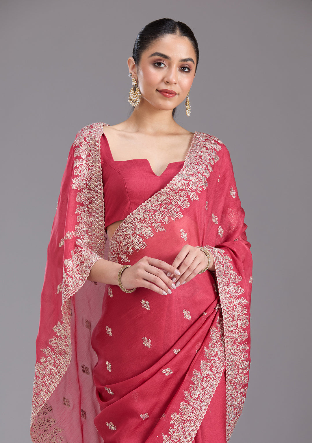 Pink Threadwork Tissue Saree