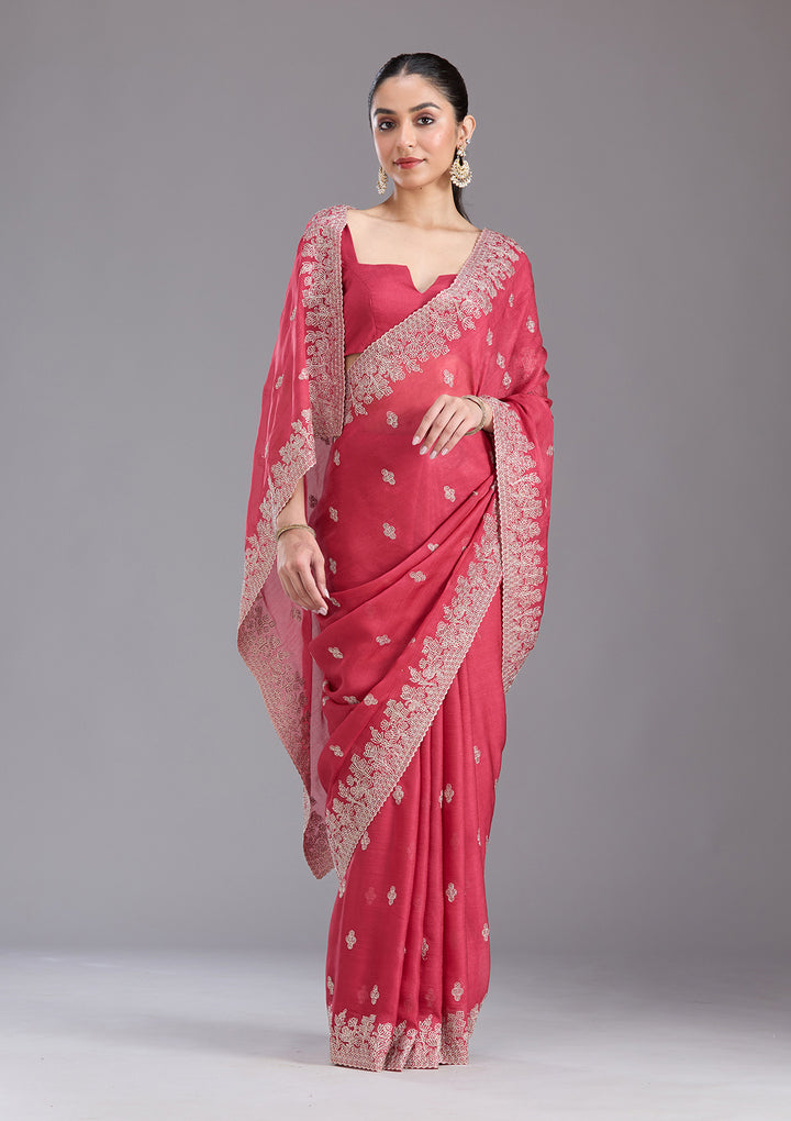 Pink Threadwork Tissue Saree