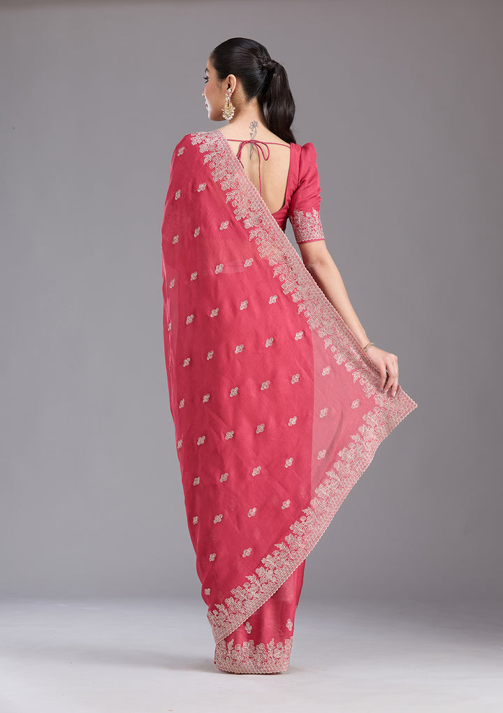 Pink Threadwork Tissue Saree